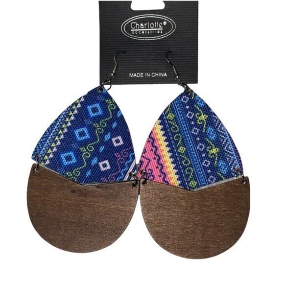 NWT Wooden Fabric Covered Boho Aztec Dangle Earrings Blue multicolor - Picture 2 of 5